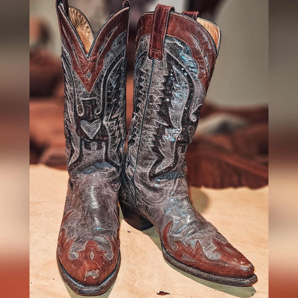 CORRAL chestnut brown & distressed gray sequin eagle inlay cowgirl boots 7.5